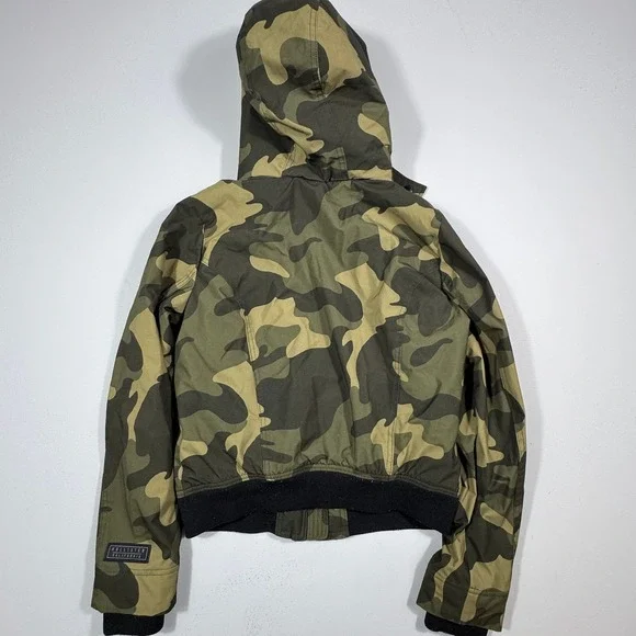 Hollister Jacket Camo Green Sherpa‎ Lined Hooded Bomber Cropped Woman's Small - Picture 2 of 8
